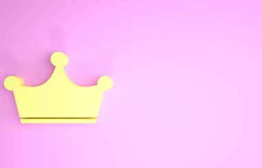 Sarı Crown simgesi pembe arka planda izole edildi. Minimalizm kavramı. 3d illüstrasyon 3d canlandırma