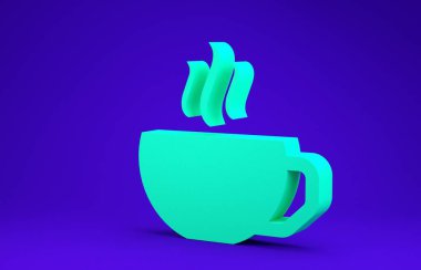 Yeşil kahve fincanı resmi mavi arkaplanda izole edilmiş. Çay fincanı. Sıcak içecek kahvesi. Minimalizm kavramı. 3d illüstrasyon 3d canlandırma