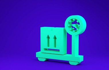 Mavi arkaplanda karton kutu simgesi olan yeşil ölçek. Lojistik ve teslimat. Dağıtım paketinin ağırlığı bir ölçekte. Minimalizm kavramı. 3d illüstrasyon 3B canlandırma