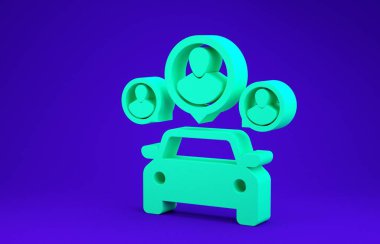 Mavi arka planda izole edilmiş bir grup insan ikonu ile yeşil araba paylaşımı. Araba paylaşım tabelası. Nakliye hizmeti konsepti. Minimalizm kavramı. 3d illüstrasyon 3d canlandırma