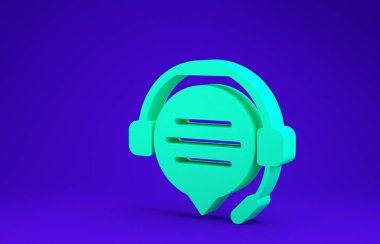 Mavi arkaplanda konuşma baloncuğu sohbet simgesi olan yeşil kulaklıklar var. Müşteri hizmetleri, yardım hattı, çağrı merkezi, faq, bakım. Minimalizm kavramı. 3d illüstrasyon 3d canlandırma