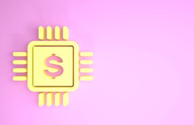 Pembe arka planda dolar simgesi olan sarı işlemci çipi. İşlemci ve bir dolar işareti. Minimalizm kavramı. 3d illüstrasyon 3d canlandırma
