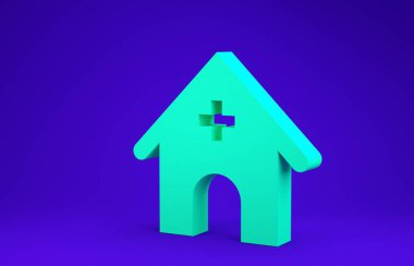 Yeşil Veteriner Tıp Hastanesi, Klinik veya hayvan ikonu için evcil hayvan dükkanı mavi arka planda izole edilmiş. Veteriner ya da veteriner kliniği. Minimalizm kavramı. 3d illüstrasyon 3d canlandırma