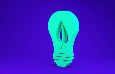 Mavi zemin üzerinde yaprak simgesi olan yeşil ampul. Çevre enerjisi kavramı. Alternatif enerji kavramı. Minimalizm kavramı. 3d illüstrasyon 3B canlandırma
