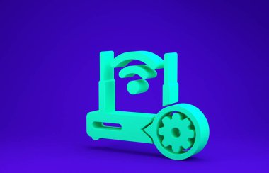 Yeşil Yönlendirici ve kablosuz ağ sinyali ve vites simgesi mavi arkaplanda izole edildi. Uygulama, servis konsepti, ayar seçenekleri, bakım, onarım, onarım. Minimalizm kavramı. 3d illüstrasyon 3d canlandırma