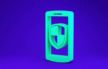 Yeşil akıllı telefon, mavi arka planda güvenlik kalkanı simgesi olan cep telefonu. Minimalizm kavramı. 3d illüstrasyon 3d canlandırma