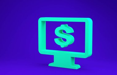 Mavi arkaplanda dolar simgesi olan yeşil bilgisayar monitörü. İnternet finansal güvenlik konsepti, çevrimiçi finans koruması. Minimalizm kavramı. 3d illüstrasyon 3d canlandırma