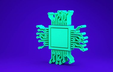 Mavi arkaplanda yeşil İşlemci simgesi izole edildi. İşlemci, merkezi işlem birimi, mikroçip, mikro devre, bilgisayar işlemcisi, çip. Minimalizm kavramı. 3d illüstrasyon 3B canlandırma