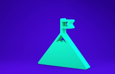 Mavi arkaplanda yeşil dağlar ve bayrak var. Zaferin ya da başarının sembolü. Minimalizm kavramı. 3d illüstrasyon 3d canlandırma