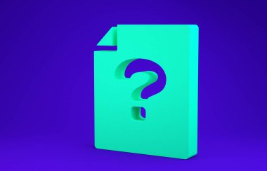 Mavi arkaplanda yeşil bilinmeyen belge simgesi izole edildi. Soru işareti olan dosya. Raporu, servisi ve küresel arama işaretini beklet. Minimalizm kavramı. 3d illüstrasyon 3d canlandırma