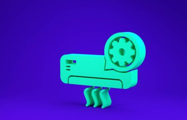 Mavi arka planda yeşil klima ve dişli ikonu izole edildi. Uygulama, servis konsepti, ayar seçenekleri, bakım, onarım, onarım. Minimalizm kavramı. 3d illüstrasyon 3d canlandırma