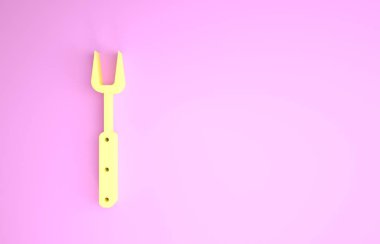 Sarı ızgara çatal ikonu pembe arka planda izole edilmiş. Mangal çatalı tabelası. Barbekü ve ızgara aleti. Minimalizm kavramı. 3d illüstrasyon 3B canlandırma