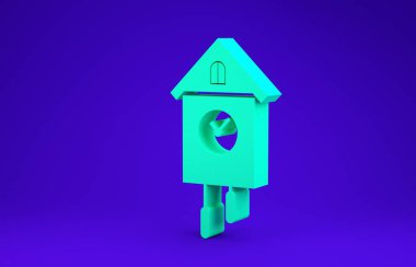 Yeşil Retro duvar izleme simgesi mavi arkaplanda izole edildi. Guguklu saat işareti. Antika sarkaçlı saat. Minimalizm kavramı. 3d illüstrasyon 3B canlandırma