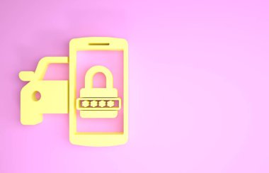 Sarı akıllı araba güvenlik sistemi simgesi pembe arka planda izole edildi. Akıllı telefon telsizdeki araba güvenliğini kontrol ediyor. Minimalizm kavramı. 3d illüstrasyon 3d canlandırma