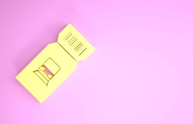 Sarı tren bileti ikonu pembe arka planda izole edildi. Demiryolu ile seyahat et. Minimalizm kavramı. 3d illüstrasyon 3d canlandırma