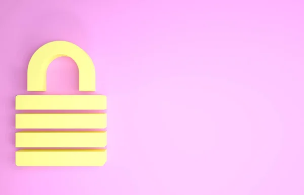 Icône de verrouillage jaune isolée sur fond rose. Panneau cadenas. Sécurité, sûreté, protection, concept de vie privée. Concept de minimalisme. Illustration 3D rendu 3D — Photo