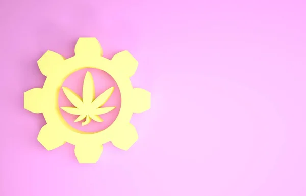 Yellow Chemical test tube with marijuana or cannabis leaf icon isolated on pink background. Research concept. Laboratory CBD oil concept. Minimalism concept. 3d illustration 3D render — Stock Photo, Image