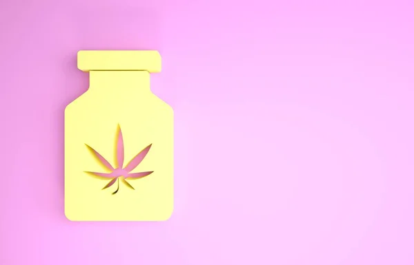 Flacone medico giallo con icona di marijuana o foglie di cannabis isolata su sfondo rosa. Falsificazione di estratti di olio di cannabis in barattoli. Concetto minimalista. Illustrazione 3d rendering 3D — Foto Stock