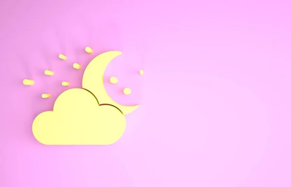 Nube amarilla con luna y estrellas icono aislado sobre fondo rosa. Señal de noche nublada. Sueños del sueño símbolo. Señal de la noche o la cama. Concepto minimalista. 3D ilustración 3D render — Foto de Stock