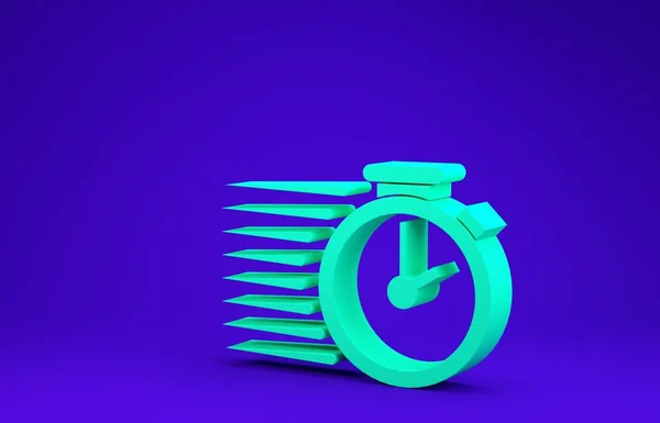 Green Stopwatch icoon geïsoleerd op blauwe achtergrond. Tijdklok teken. Minimalisme concept. 3d illustratie 3d renderen — Stockfoto