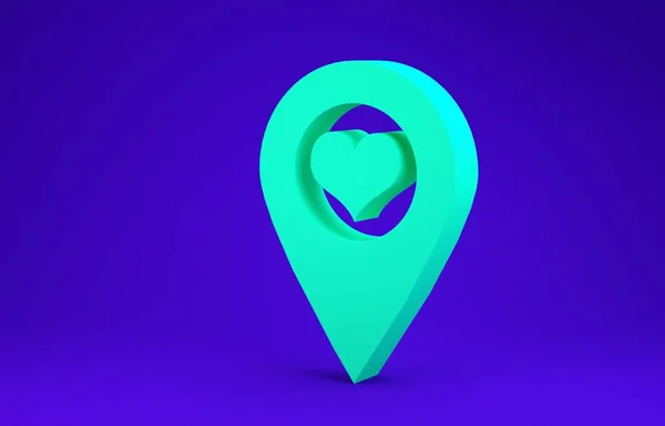 Green Map pointer with heart icon isolated on blue background. Minimalism concept. 3d illustration 3D render