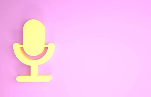 ピンクの背景に分離された黄色のマイクアイコン。無線マイクで。スピーカーサイン。最小限の概念。3Dイラスト3Dレンダリング — ストック写真