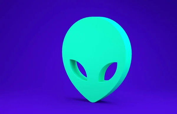 Green Alien icon isolated on blue background. Extraterrestrial alien face or head symbol. Minimalism concept. 3d illustration 3D render