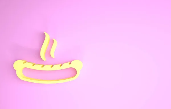 Panino hot dog giallo con icona di senape isolata su sfondo rosa. Icona della salsiccia. Segno di fast food. Concetto minimalista. Illustrazione 3d rendering 3D — Foto Stock