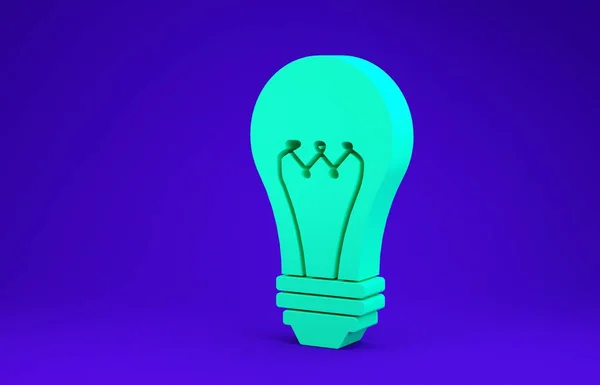 Ícone de lâmpada de luz verde isolado no fundo azul. Símbolo de energia e ideia. Lâmpada elétrica. Conceito de minimalismo. 3D ilustração 3D render — Fotografia de Stock