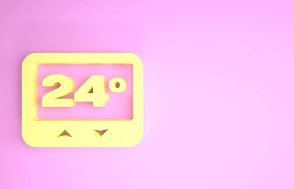 Icono del termostato amarillo aislado sobre fondo rosa. Control de temperatura. Concepto minimalista. 3D ilustración 3D render — Foto de Stock