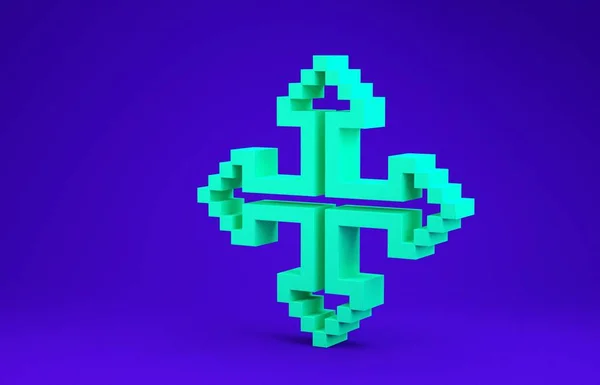 Зелені стрілки пікселів у чотирьох напрямках ізольовані на синьому фоні. Знак пересування курсорів. Концепція мінімалізму. 3D ілюстрація 3D рендеринга — стокове фото