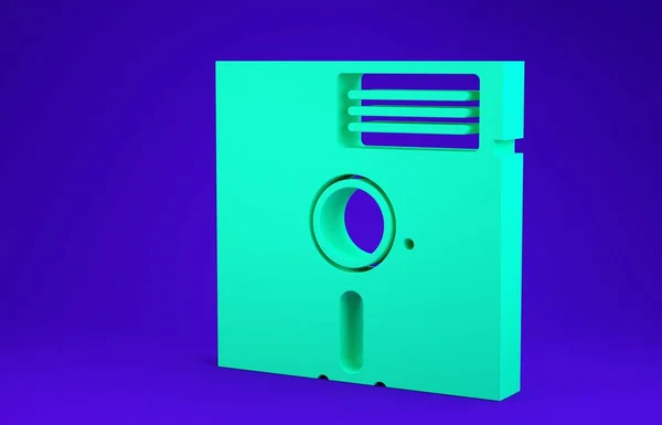 Зеленый дискетный диск в 5,25-дюймовом значке выделен на синем фоне. Дискета для хранения компьютерных данных. Знак дискеты. Концепция минимализма. 3D-рендеринг — стоковое фото