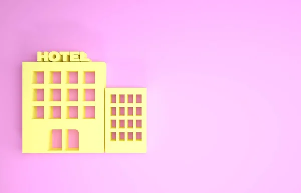 Yellow Hotel building icon isolated on pink background. Minimalism concept. 3d illustration 3D render — Stock Photo, Image