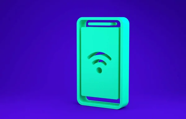 Smartphone verde com ícone de conexão sem fio wi-fi gratuito isolado no fundo azul. Tecnologia sem fio, conexão wi-fi, rede sem fio. Conceito de minimalismo. 3D ilustração 3D render — Fotografia de Stock