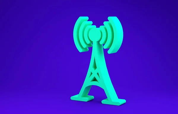 Иконка зеленой антенны выделена на синем фоне. Радиоантенна беспроводная. Технология и сетевой сигнал радиоантенны. Концепция минимализма. 3D-рендеринг — стоковое фото