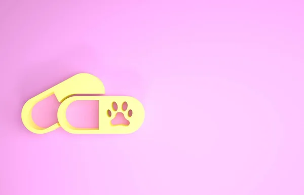 Yellow Dog e pillole icona isolata su sfondo rosa. Medicina prescritta per animali. Concetto minimalista. Illustrazione 3d rendering 3D — Foto Stock