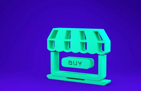 Концепция зеленого онлайн-шопинга. Купить на экране ноутбука значок, выделенный на синем фоне. Концепция электронной коммерции, онлайн бизнес-маркетинга. Концепция минимализма. 3D-рендеринг — стоковое фото