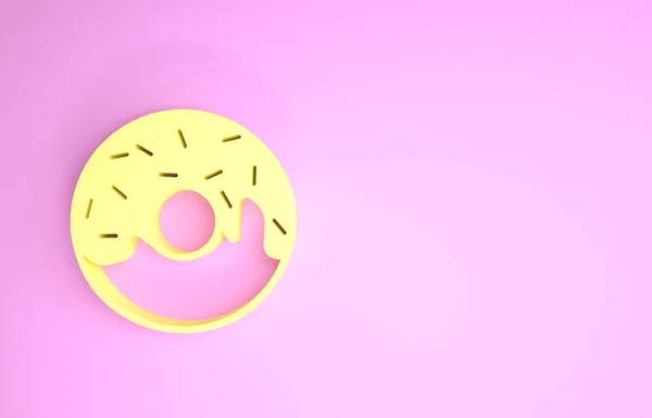 ピンクの背景に甘い釉薬のアイコンで黄色のドーナツ。最小限の概念。3Dイラスト3Dレンダリング — ストック写真