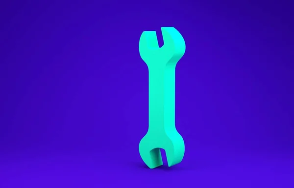 Ikon Wrench hijau diisolasi pada latar belakang biru. Peralatan perbaikan Spanner. Simbol alat servis. Konsep minimalisme. Tampilan 3D ilustrasi 3d — Stok Foto