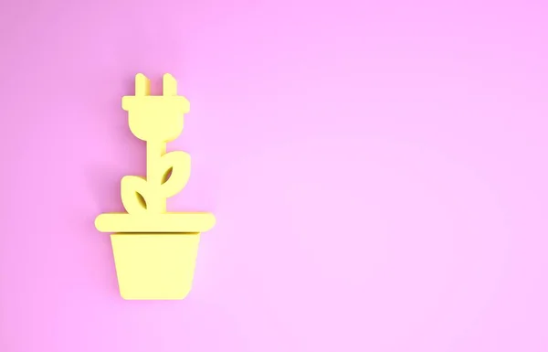 Yellow Electric saving plug in pot icon isolated on pink background. Save energy electricity icon. Environmental protection icon. Bio energy. Minimalism concept. 3d illustration 3D render