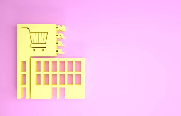 Gelbe Mall oder Supermarkt Gebäude mit Einkaufswagen Symbol isoliert auf rosa Hintergrund. Laden oder Geschäft. Minimalismus-Konzept. 3D Illustration 3D Renderer — Stockfoto