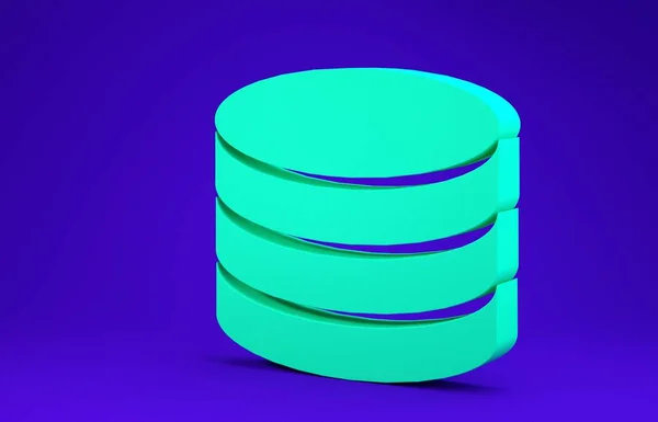 푸른 배경에서 분리 된 녹색 데이터베이스 아이콘. 네트워크 데이터베이스, 디렉 토리바있는 디스크. 백업 컨셉. 최소성 개념. 3D 일러스트 3D 렌더링 — 스톡 사진