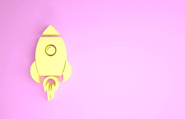 Żółty statek rakietowy z ikoną ognia odizolowany na różowym tle. Podróż kosmiczna. Koncepcja minimalizmu. Ilustracja 3d — Zdjęcie stockowe