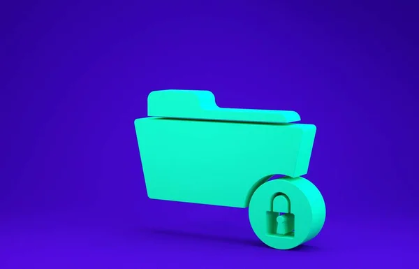 Dossier vert et icône de verrouillage isolé sur fond bleu. Dossier fermé et cadenas. Sécurité, sûreté, concept de protection. Concept de minimalisme. Illustration 3D rendu 3D — Photo