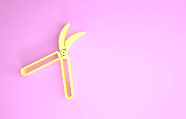 Žluté zahradnické ruční nůžky pro ořezávání ikony izolované na růžovém pozadí. Stříhací nůžky s dřevěnou rukojetí. Minimalismus. 3D ilustrace 3D vykreslení — Stock fotografie