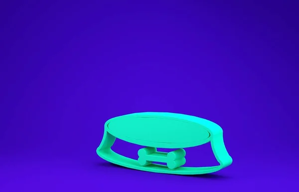Πράσινο μπολ τροφών για γάτες ή σκύλους που απομονώνονται σε μπλε φόντο. Σημάδι από κόκκαλο σκύλου. Μινιμαλιστική έννοια. 3D απεικόνιση 3d καθιστούν — Φωτογραφία Αρχείου