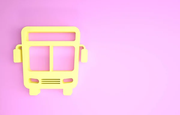 Icono de Bus Amarillo aislado sobre fondo rosa. Concepto de transporte. Autobús señal de transporte turístico. Símbolo turístico o de vehículo público. Concepto minimalista. 3D ilustración 3D render — Foto de Stock