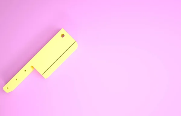 Желтый значок мясорубки изолирован на розовом фоне. Кухонный нож для мяса. Нож мясника. Концепция минимализма. 3D-рендеринг — стоковое фото