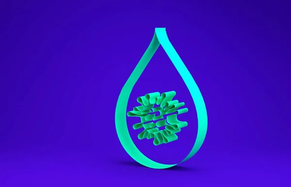 Icono verde de gota de agua sucia aislado sobre fondo azul. Bacterias y gérmenes, enfermedades de microorganismos, cáncer de células, microbios, virus, hongos. Concepto minimalista. 3D ilustración 3D render — Foto de Stock