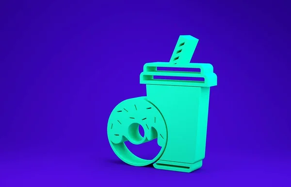 Bebida de soda verde con paja para beber y donut icono aislado sobre fondo azul. Un símbolo de comida rápida. Concepto minimalista. 3D ilustración 3D render — Foto de Stock